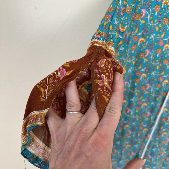 Halite Womens Teal Green & Brown Floral Boho Rayon Tunic Top Shirt Blouse XL - Picture 3 of 7